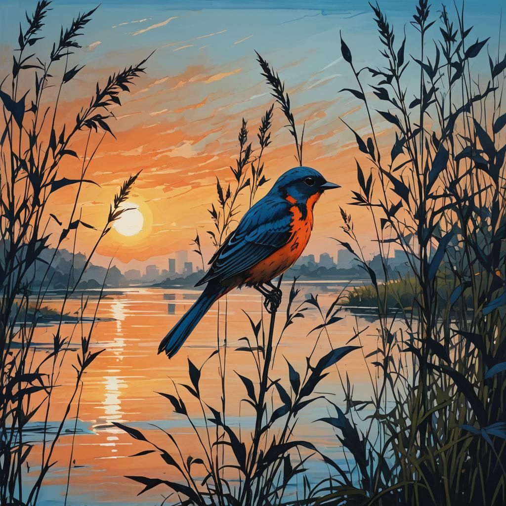 Bird on River Reed Silhouette, in Digital Art Style