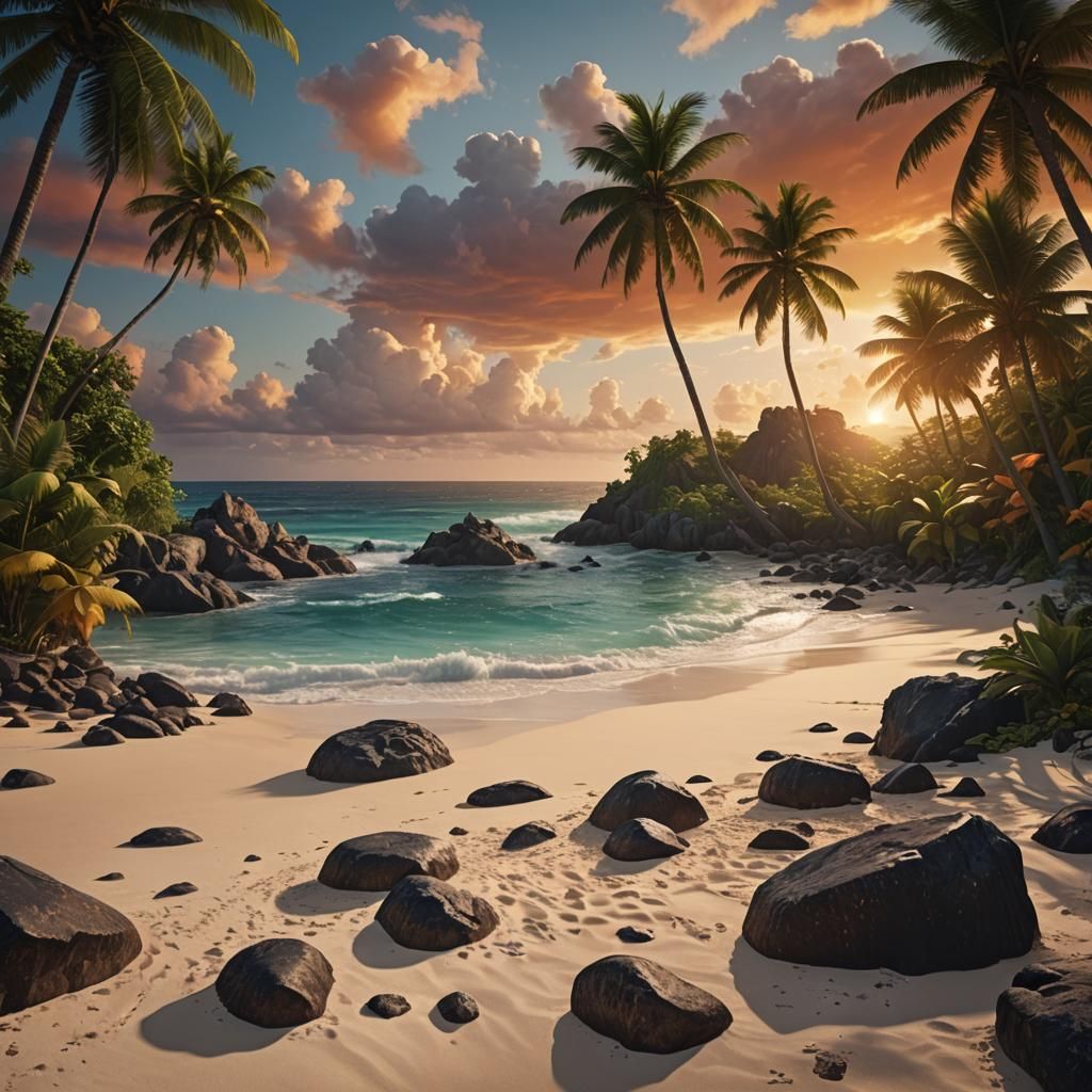 Caribbean Beach Paradise Sunrise: Detailed Digital Painting