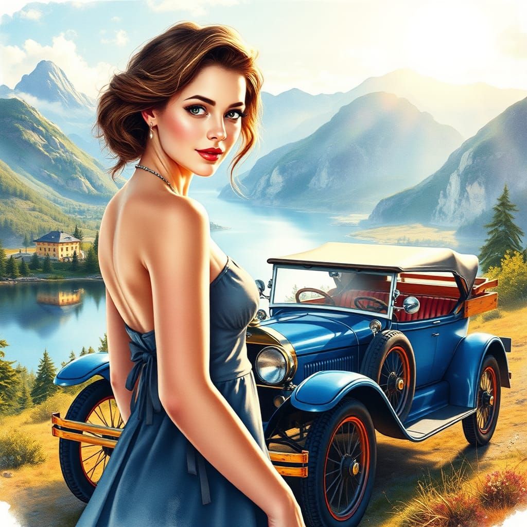 Watercolor Woman and Model T Ford in Countryside