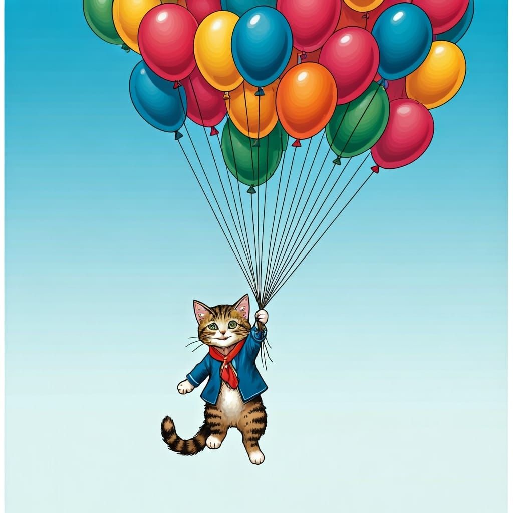 Kitten's Balloon Adventure in Tenniel Style