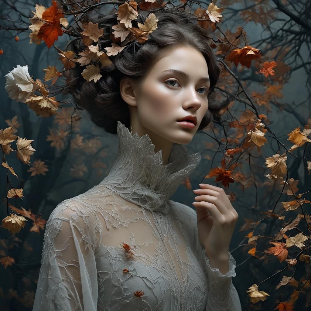 Ethereal Model of Gauze and Flowers in Dark Autumn