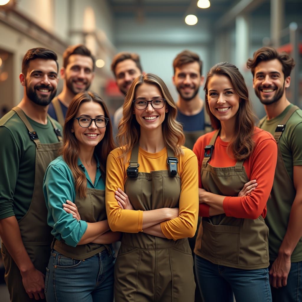 Smiling Employees in Workshop, Art Nouveau Portrait