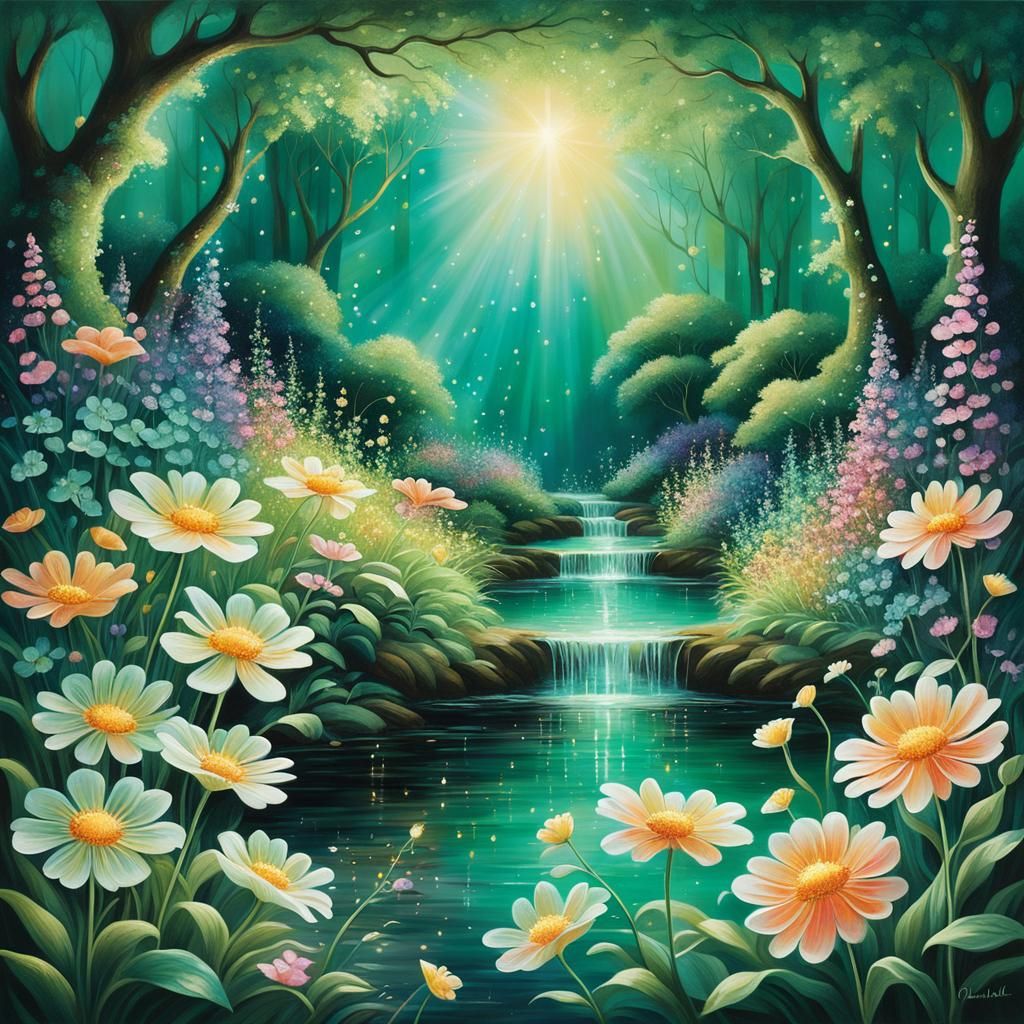 Sparkling Floral Landscape with Glitter Dust