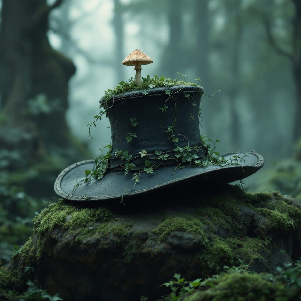 Antique Hat on Mossy Stone in Ethereal Forest