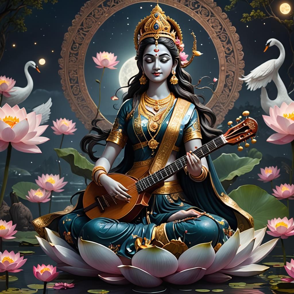 Goddess Saraswati Playing Sitar in Moonlight, 3D Render