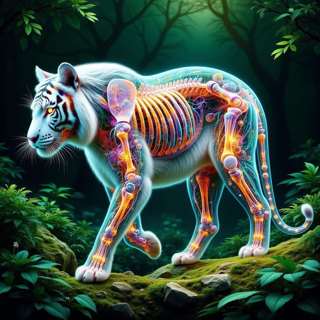 White Tiger X-Ray Overlay in Art Nouveau Forest