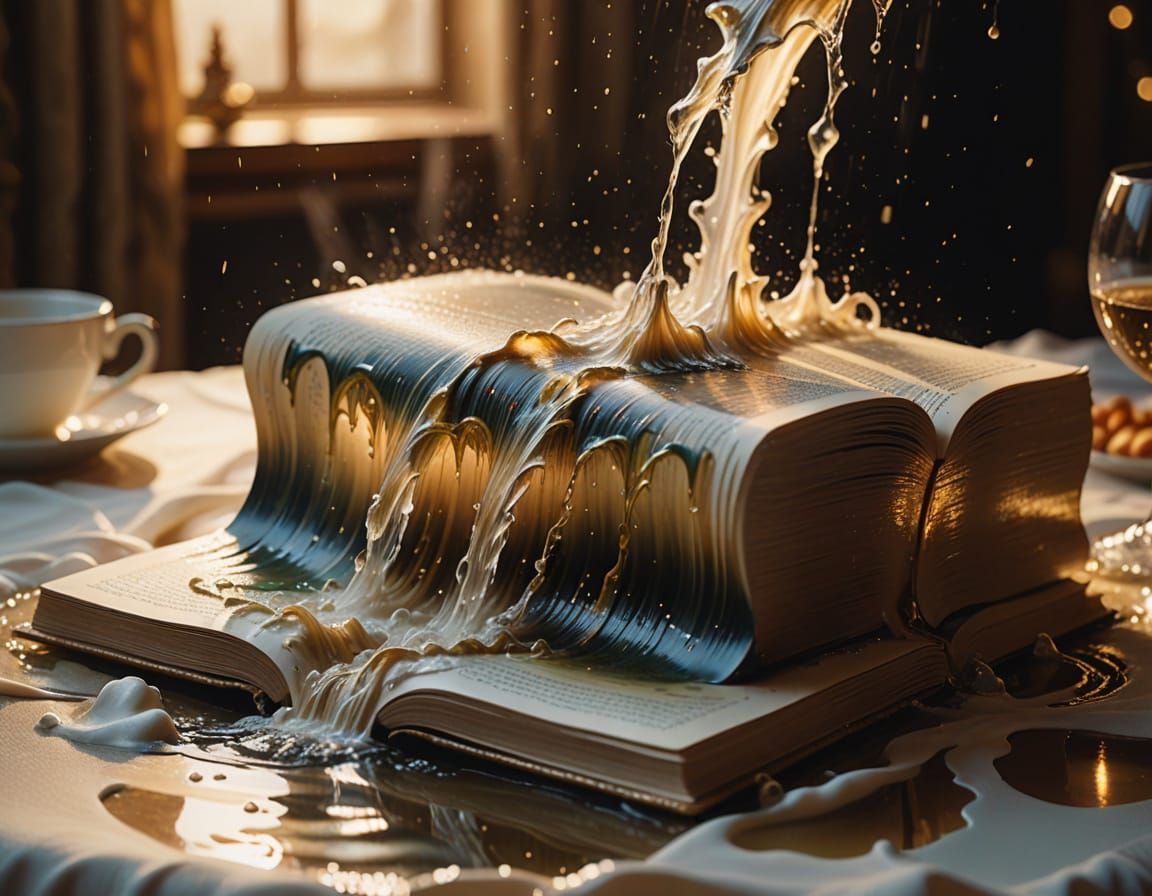 Surreal Waterfall Book on Dinner Table, Dreamlike Oil Painti...