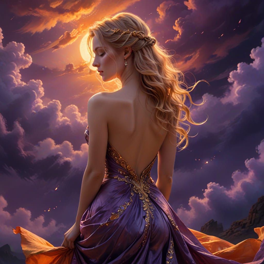 Ethereal Woman in Dreamlike Sunset Landscape