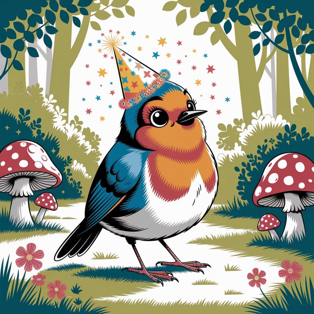 Robin's Birthday Celebration in Children's Illustration Styl...