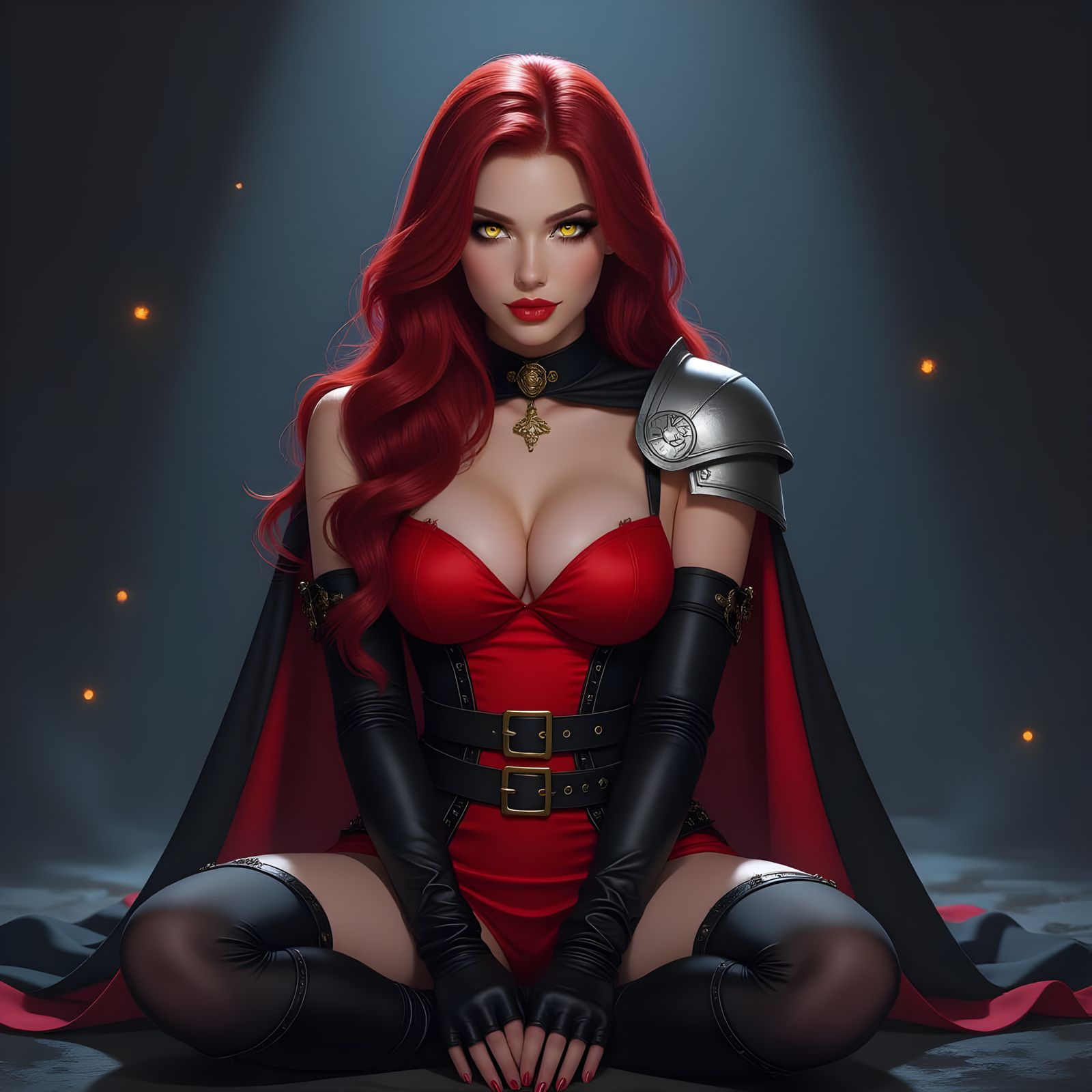 Red-Haired Woman in Armor Sits in Dark Public Transport