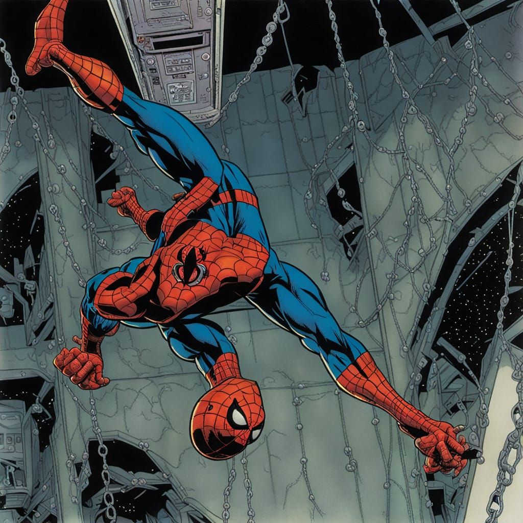 Spider-Man in Comic Book Style Hanging Upside Down