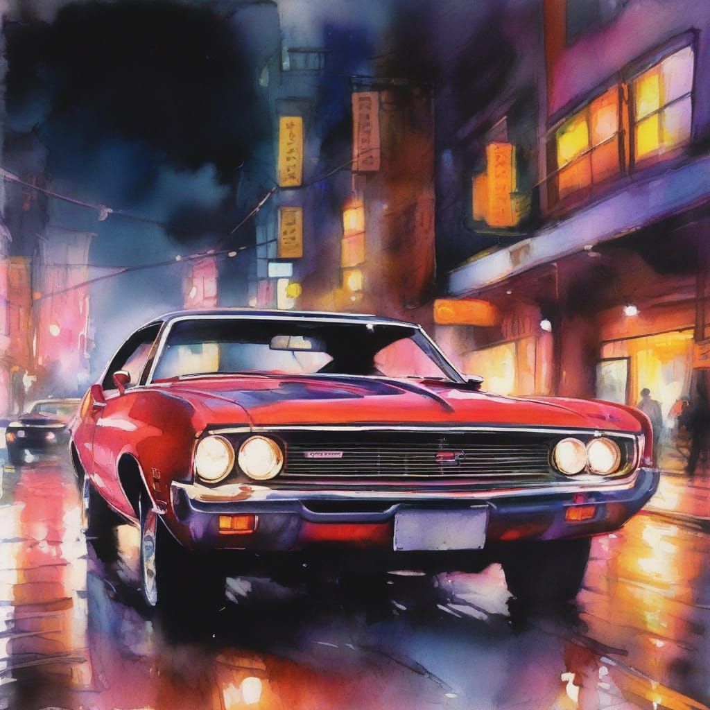 Vibrant Watercolor Muscle Car Under Neon Lights
