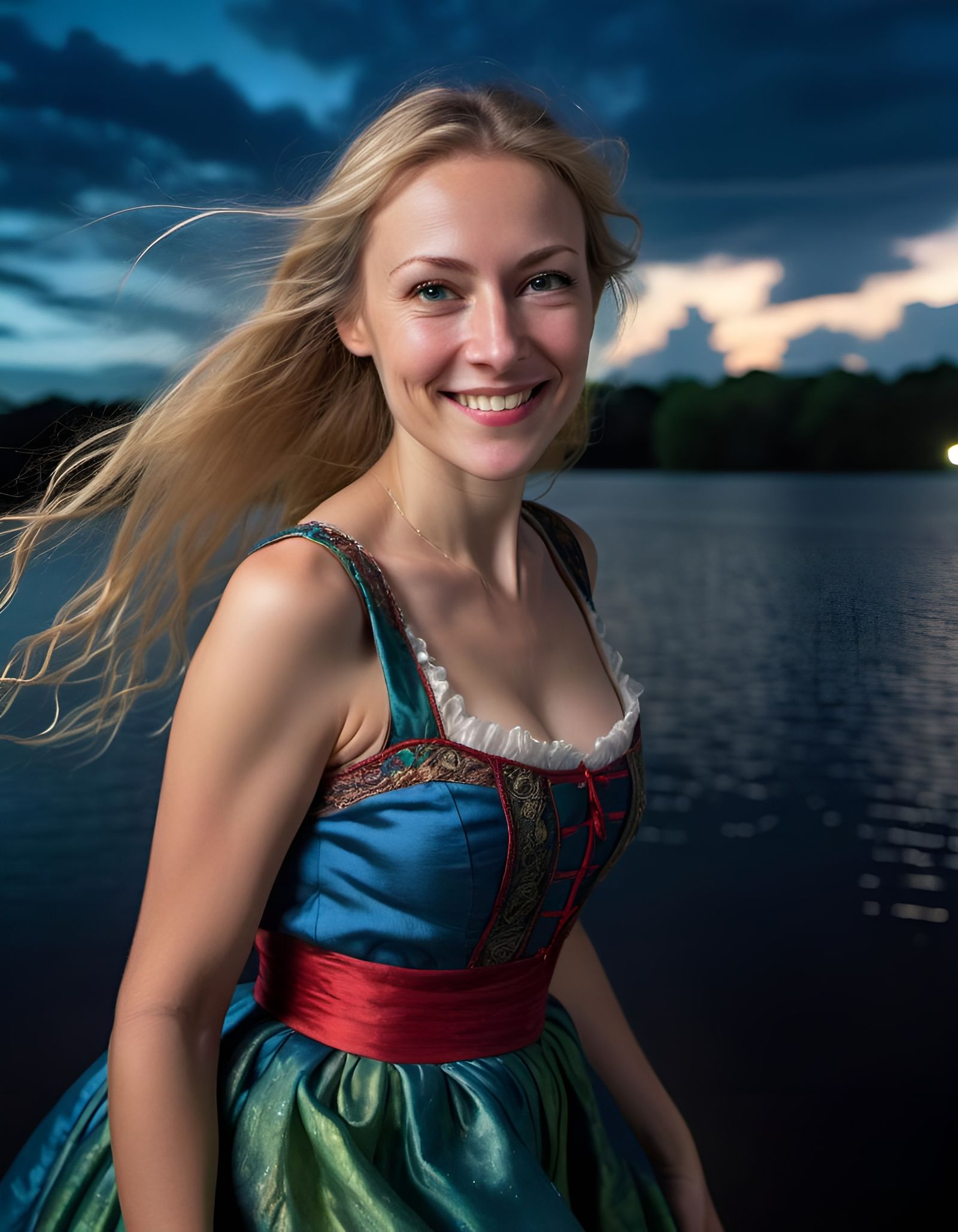 Renaissance Woman Skipping Through Starry Village