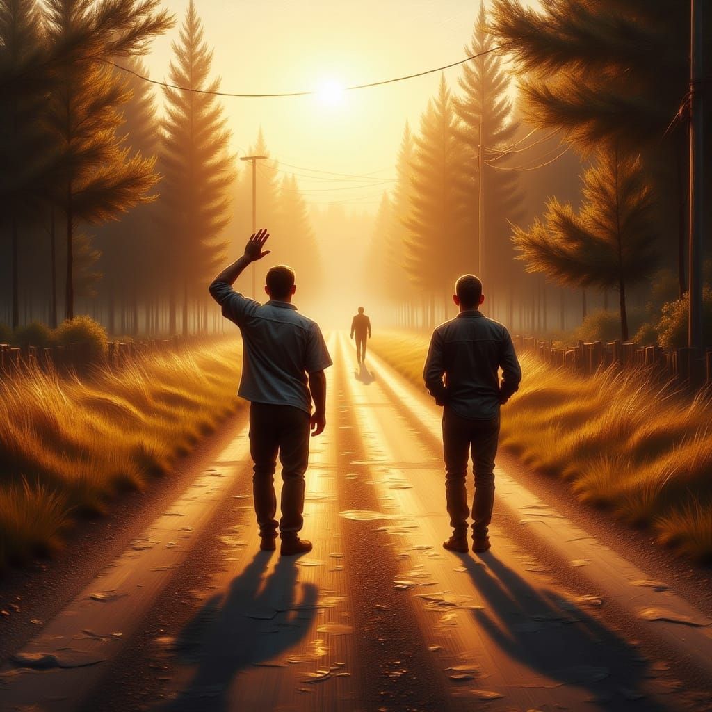 Two Men on Country Road at Golden Hour