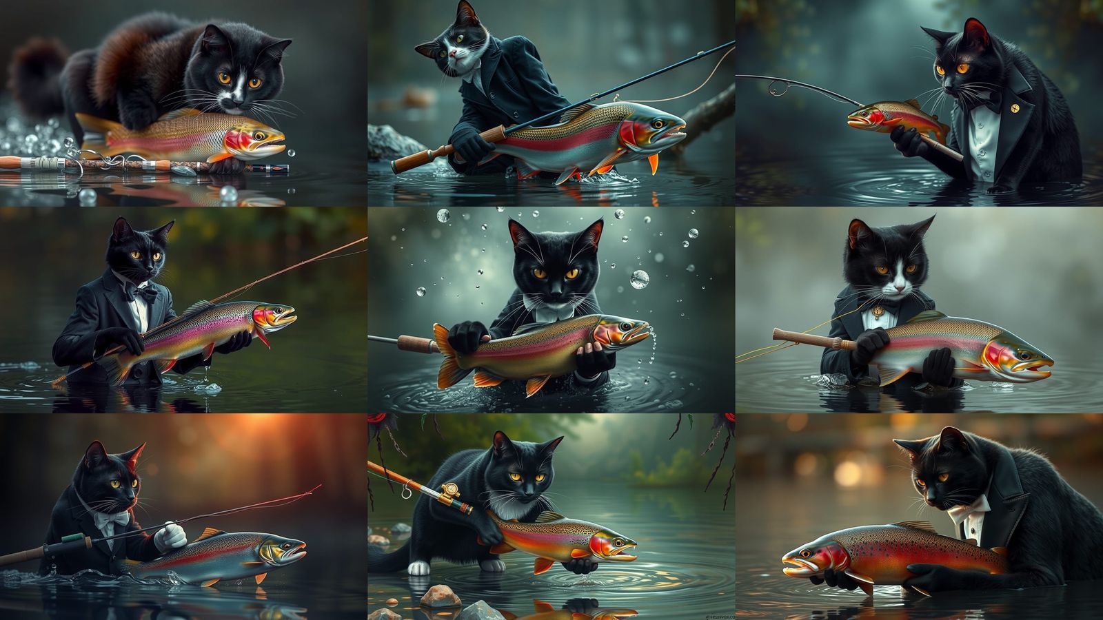 Encaustic Tuxedo Cat Fishing for Trout
