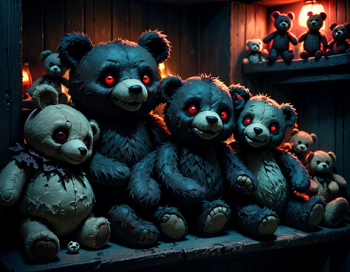 Creepy Stuffed Animals with Glowing Eyes in Gothic Style