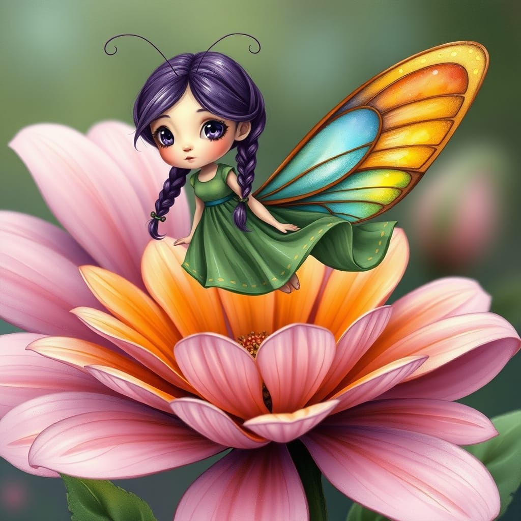 Whimsical Butterfly Girl Flying Above Giant Flower