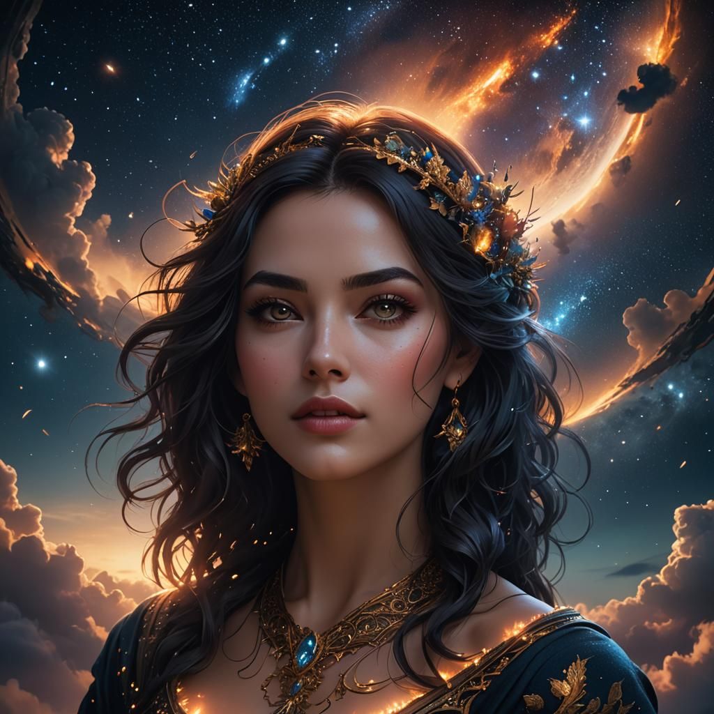 Beautiful Woman's Face Through Night Sky