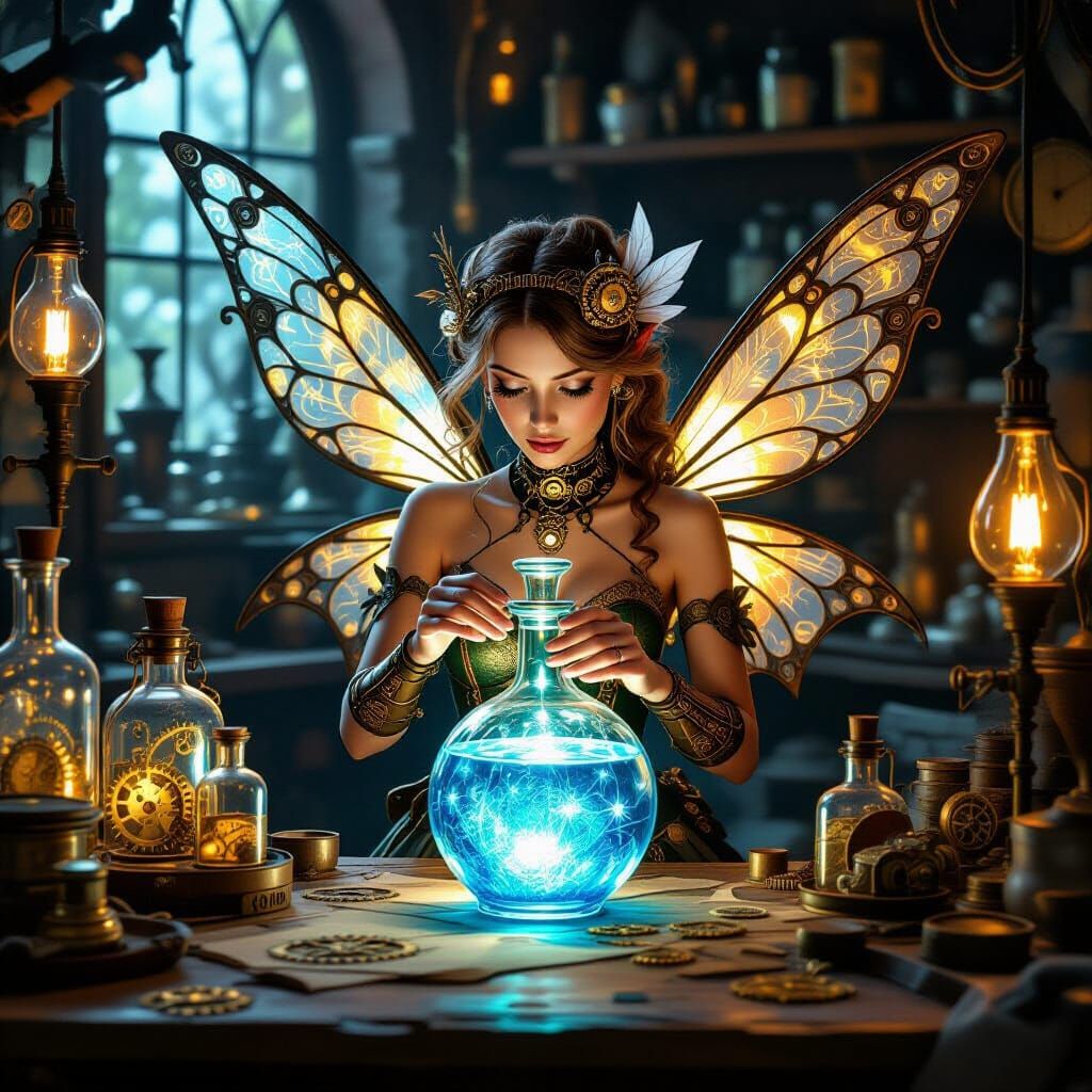 Steampunk Fairy Examines Glowing Blue Potion