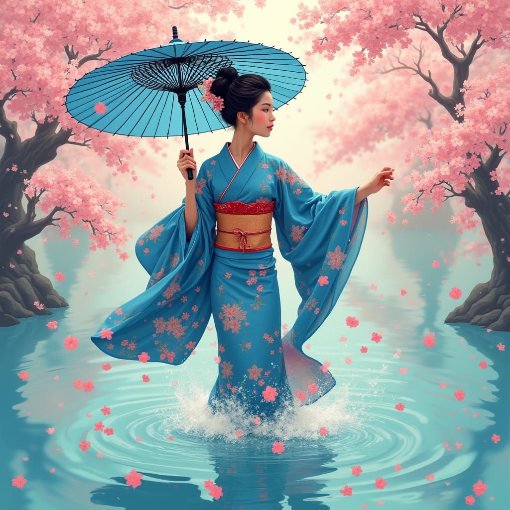 Sakura Kimono Dance: Japanese Pop Art Impression