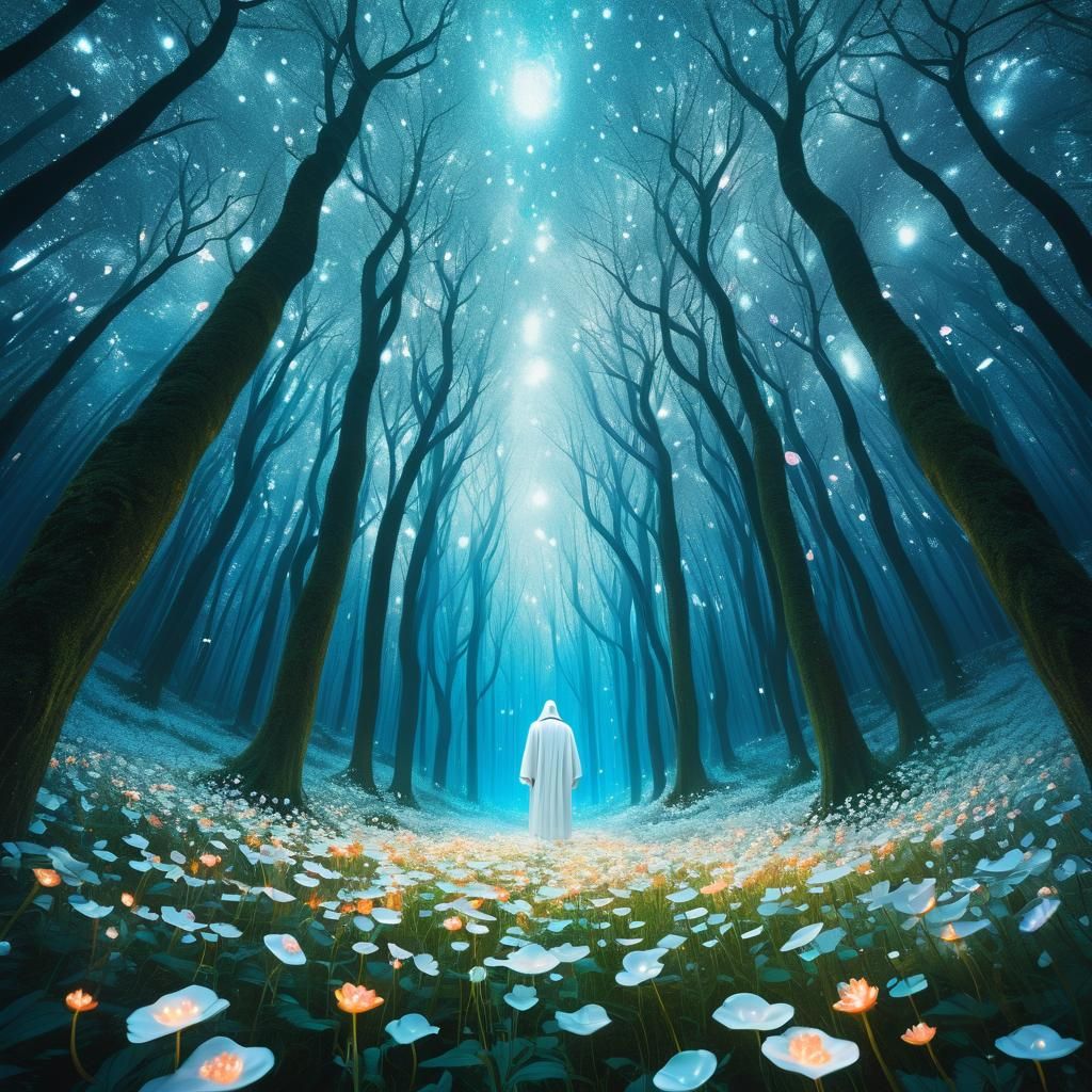 Ethereal Figure Surrounded by Glowing Flowers