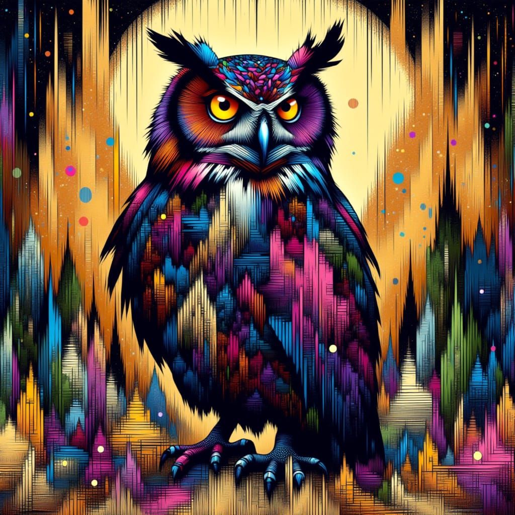 Owl Rhythmic Glyph in Intricate Black and Gold Patterns