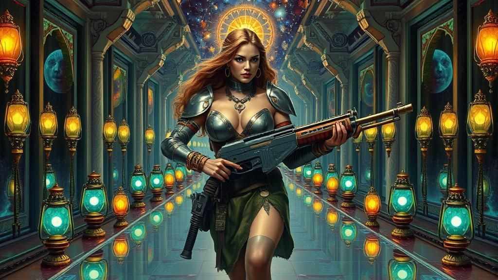 Armored Warrior in Mystical Temple, Oil Painting