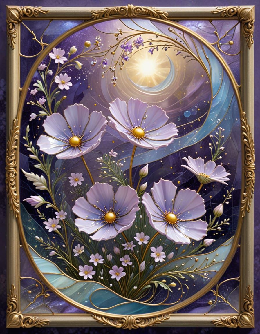 Stained Glass Cosmos Flowers in Ornate Gold Frame