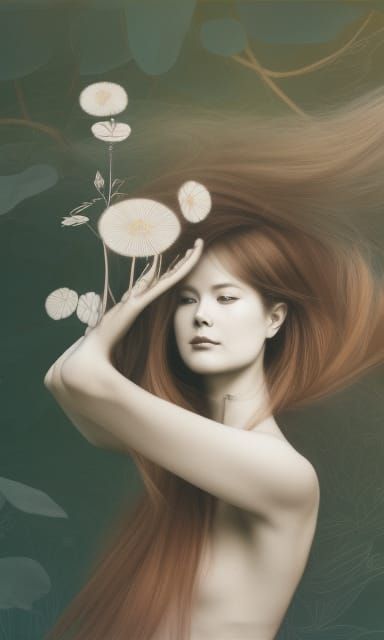 Elegant Etching of Woman with Flower and Forest