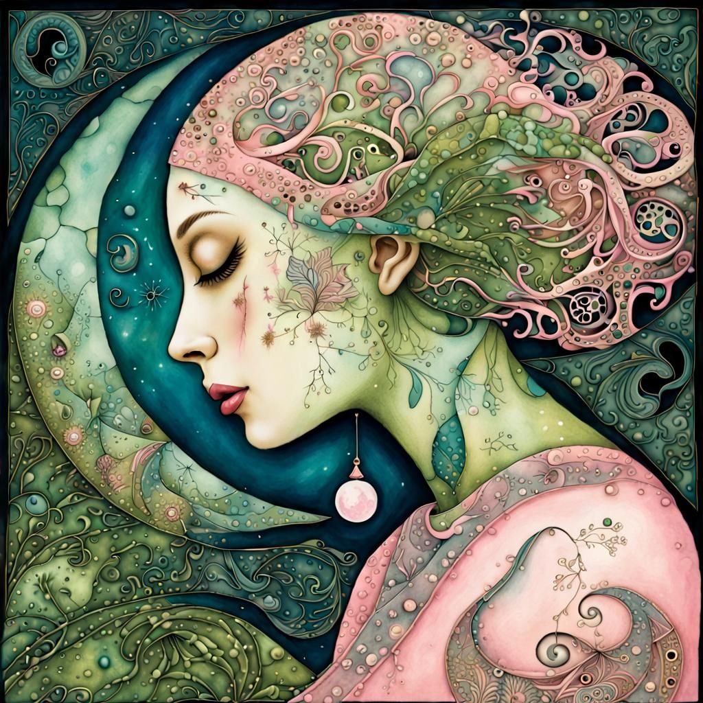 Surreal Woman Portrait with Geometric Textile Art