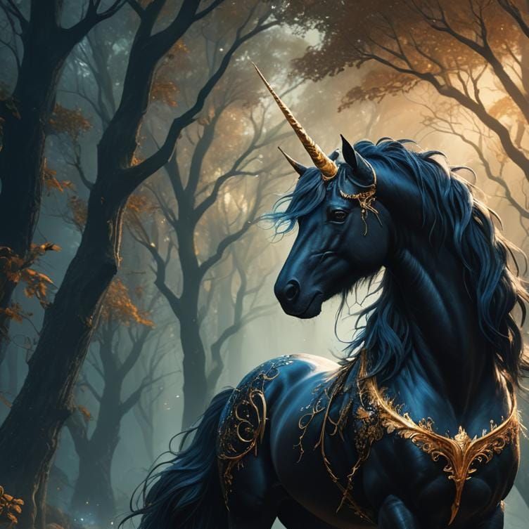Handsome Black Unicorn with Golden Horn, Fantasy Art