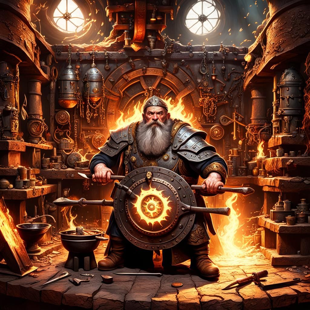 Dwarf Blacksmith Forging Arcane Shield: Digital Matte Painti...
