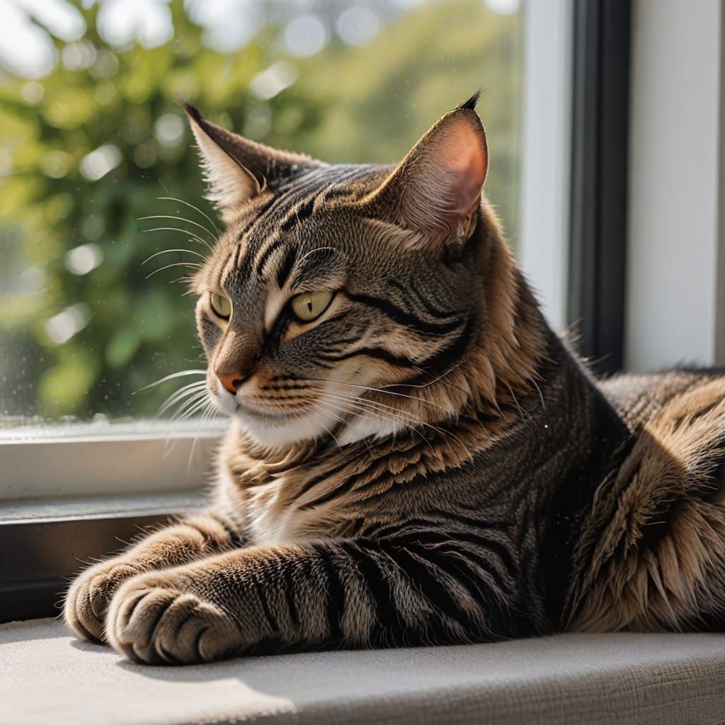 Tabby Cat Sleeps Peacefully on Windowsill