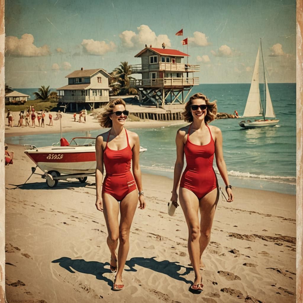 Vintage Beach Scene Travel Poster in Art Deco Style