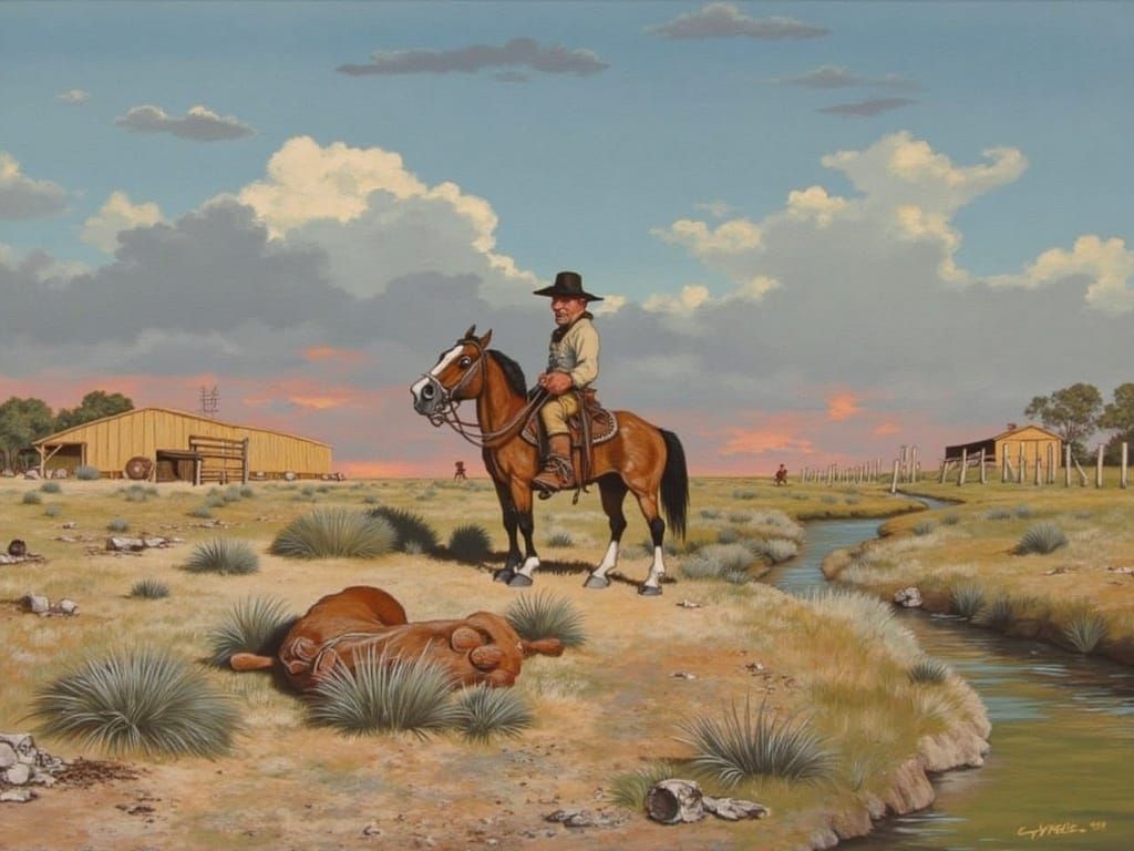 Wild West Outlaw Gazes at Creek Sunset