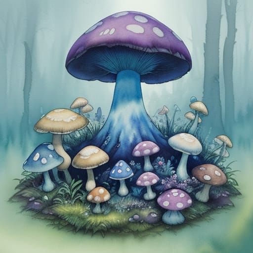 Smurfs Gather Around Glowing Mushroom: Watercolor Art