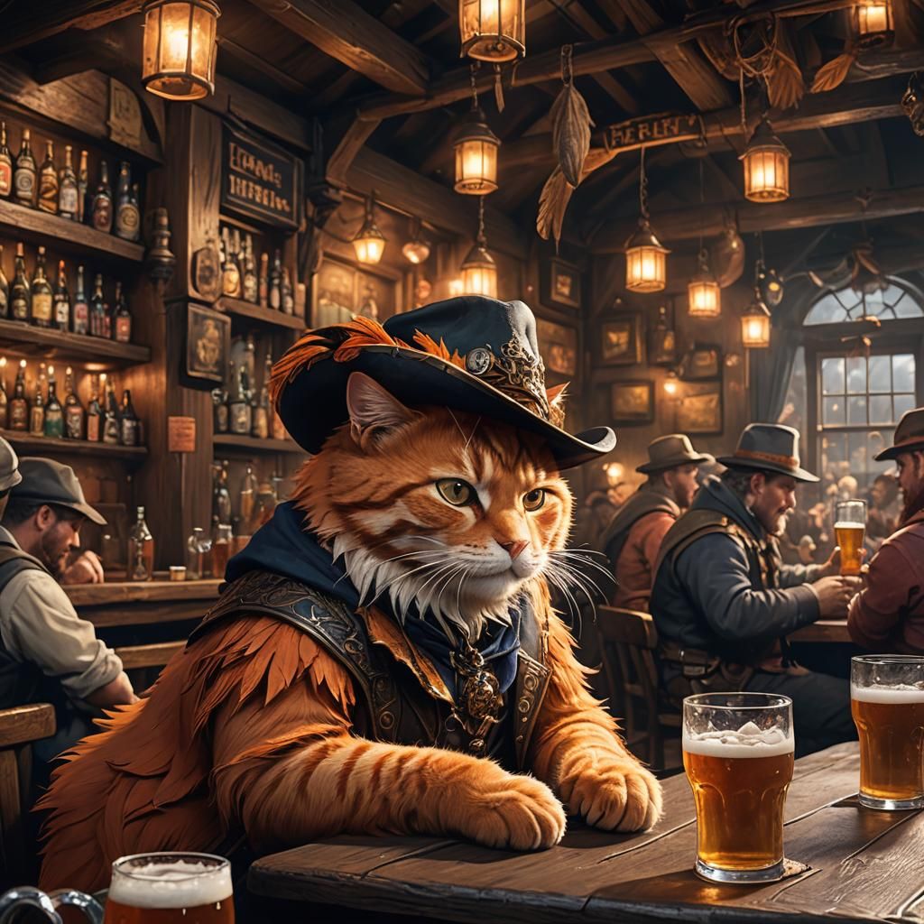 Cat-Person Enjoying Beer in Dark Tavern, Digital Art
