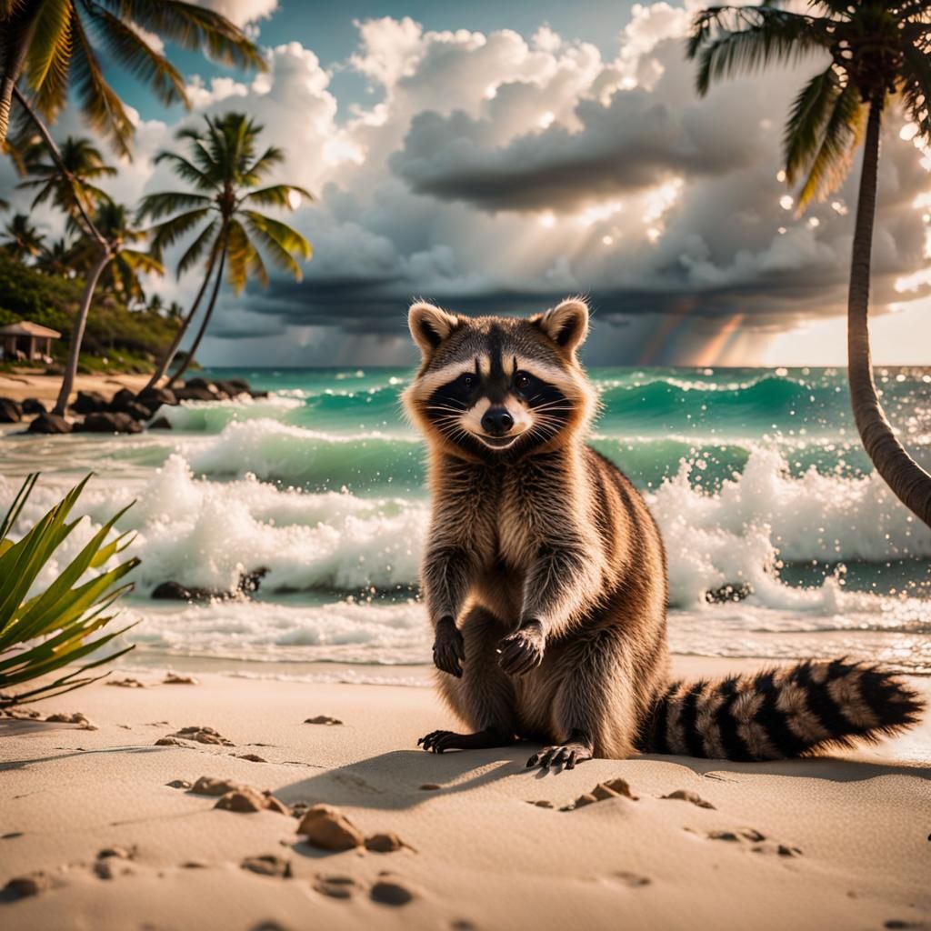 Raccoon's Caribbean Beach Vacation in Cinematic Style