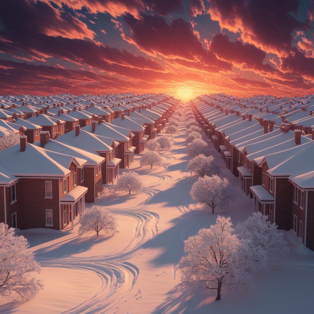 Snowy Neighborhood Scene in Golden Sunset Light