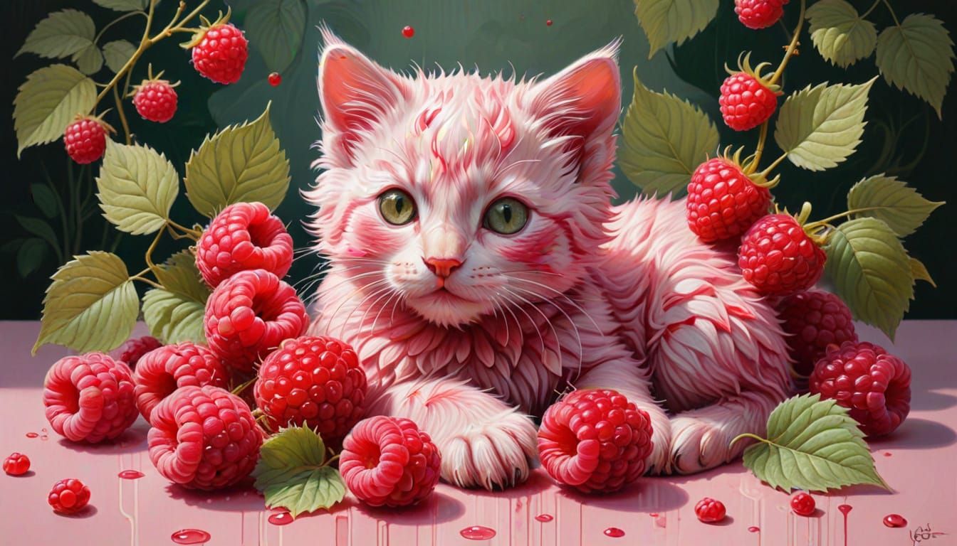 Whimsical Raspberry Kitten in Hyper-Realistic Oil Painting