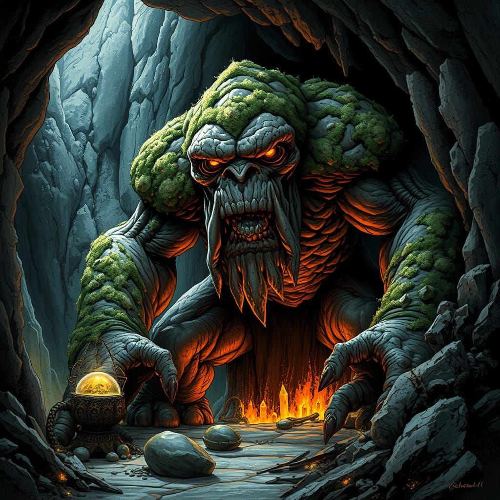 Ancient Troll Guards Cave Entrance in Dark Fantasy Style