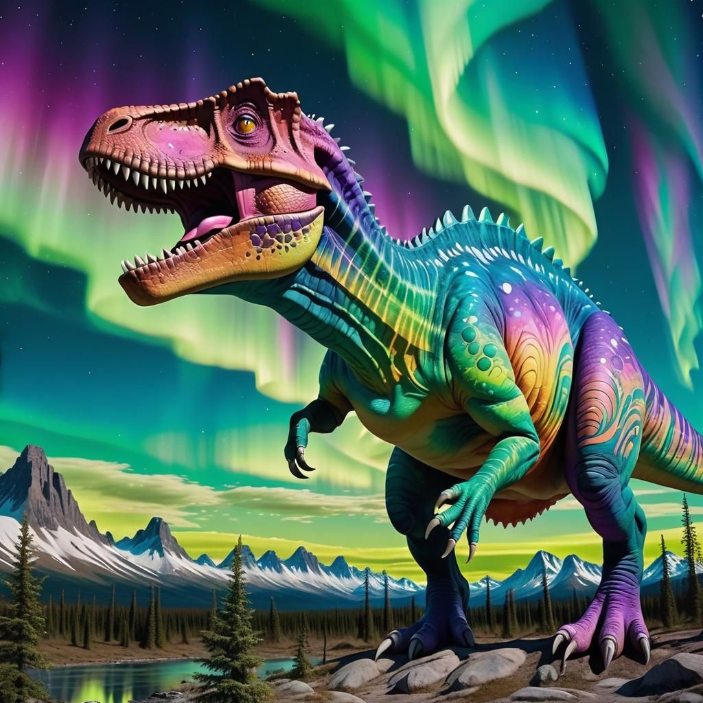 Psychedelic Dinosaur with Northern Lights Optical Illusion