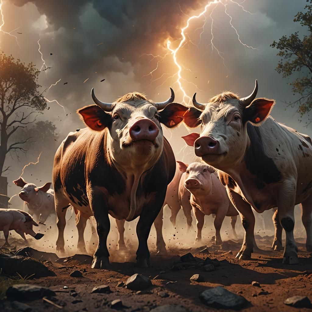 Cow and Pigs Rebellion in Vibrant Concept Art