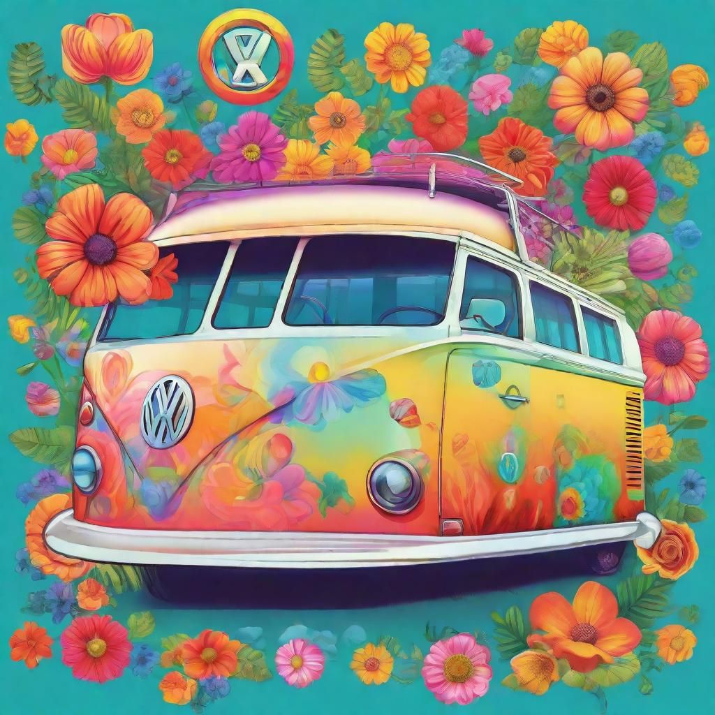 Psychedelic Volkswagen Bus with Flower Power Design