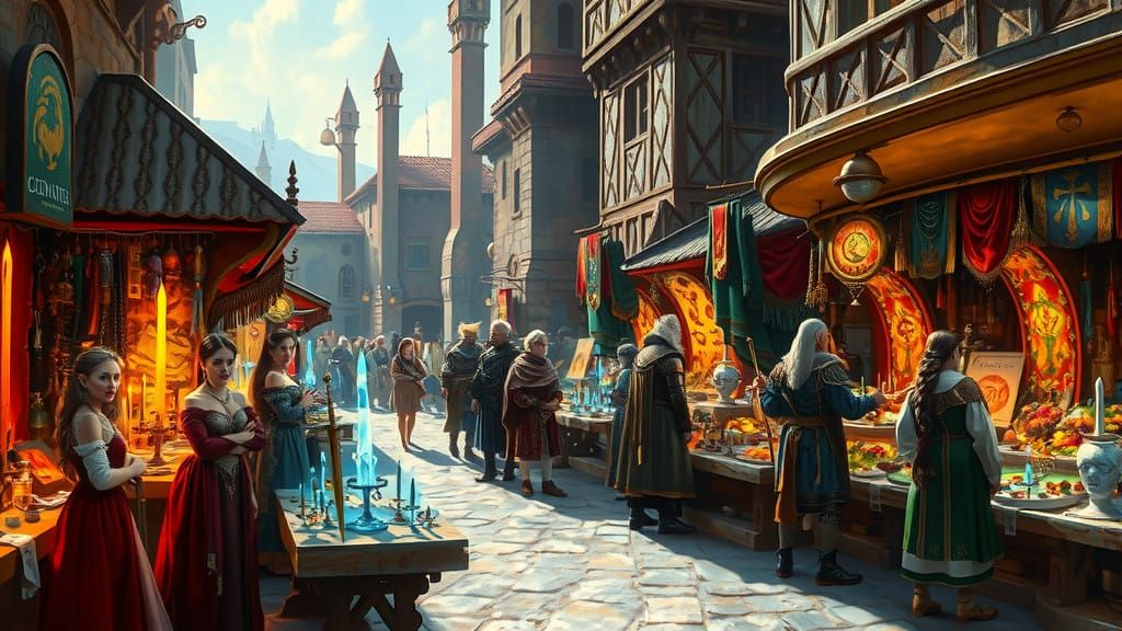 Medieval Fantasy Bazaar in Vivid Oil Colors