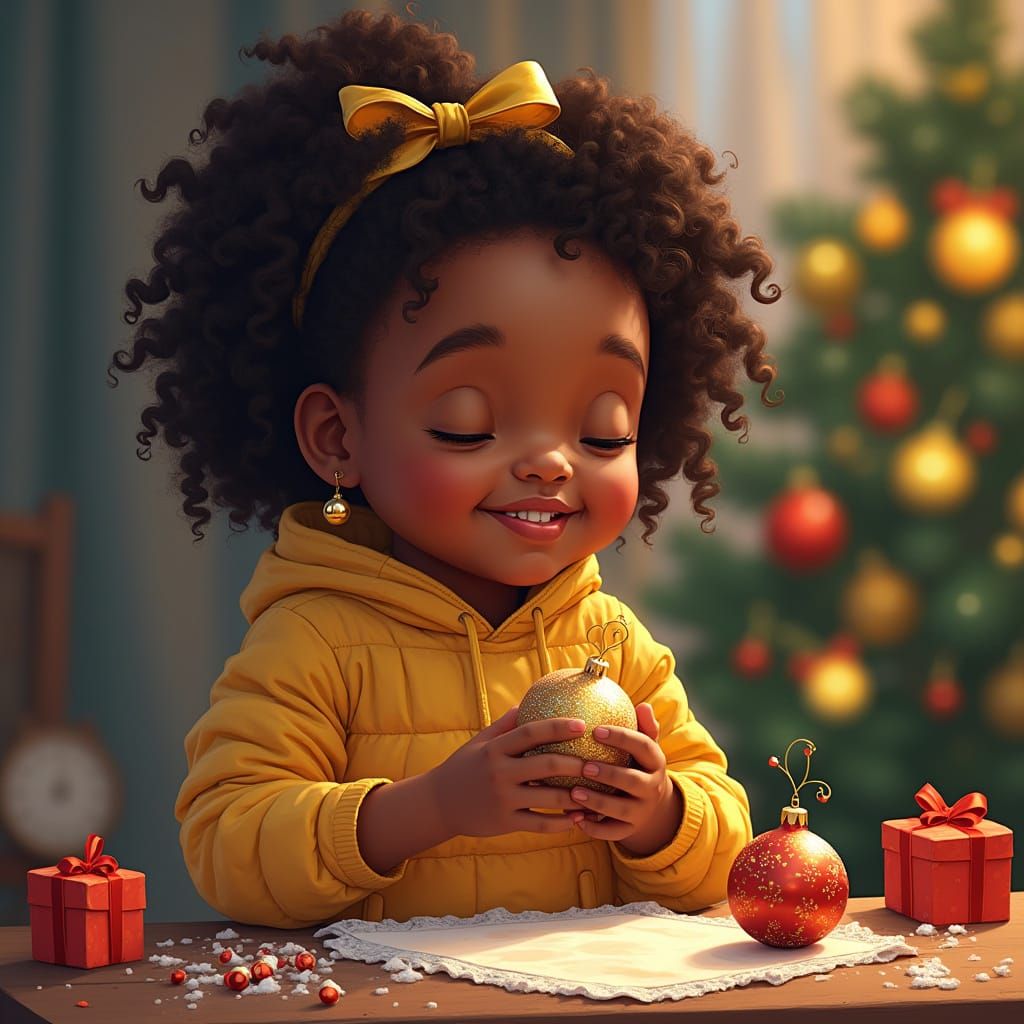 Joyful Girl Crafts Christmas Ornaments in Vibrant Style