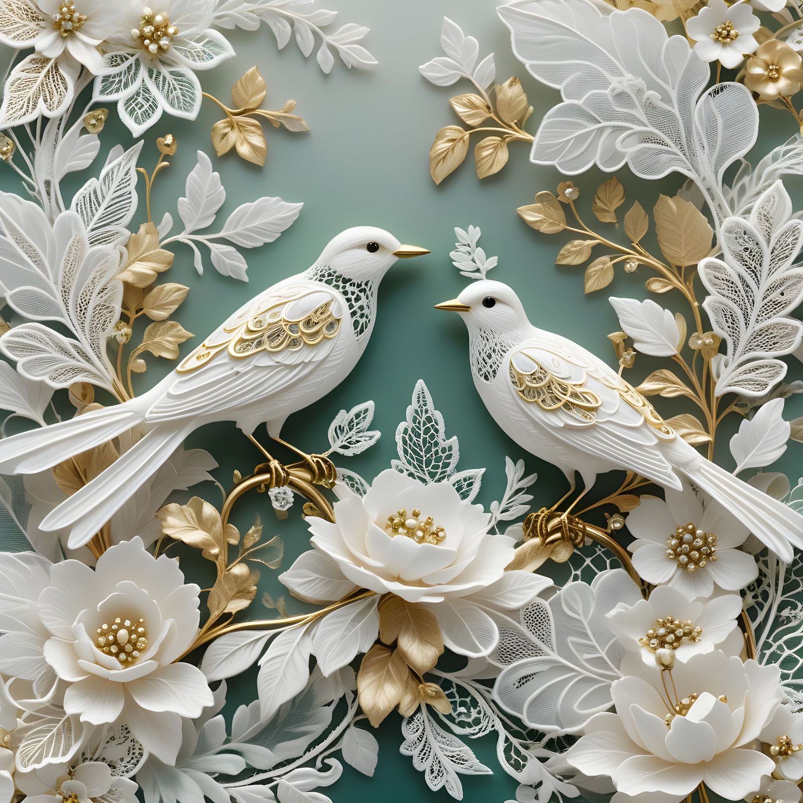 Elegant White Lace Bird with Flowers Illustration