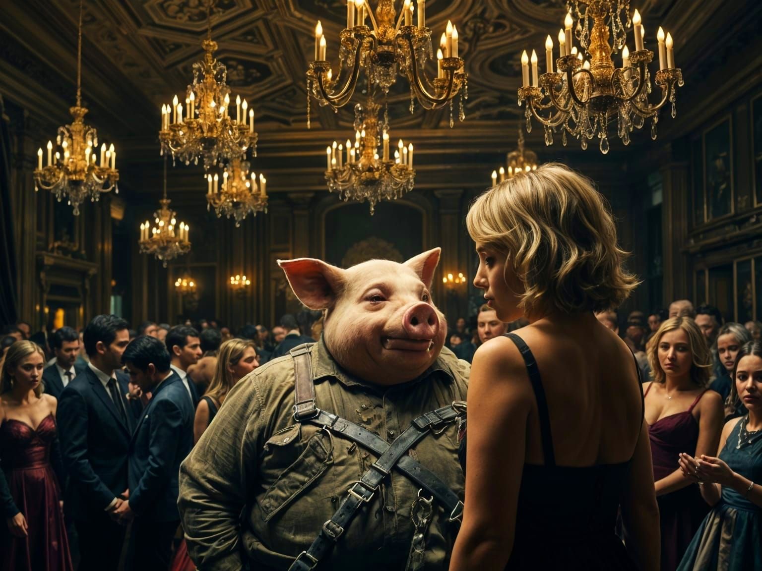 Gothic Ballroom Scene with Pig-Headed Man