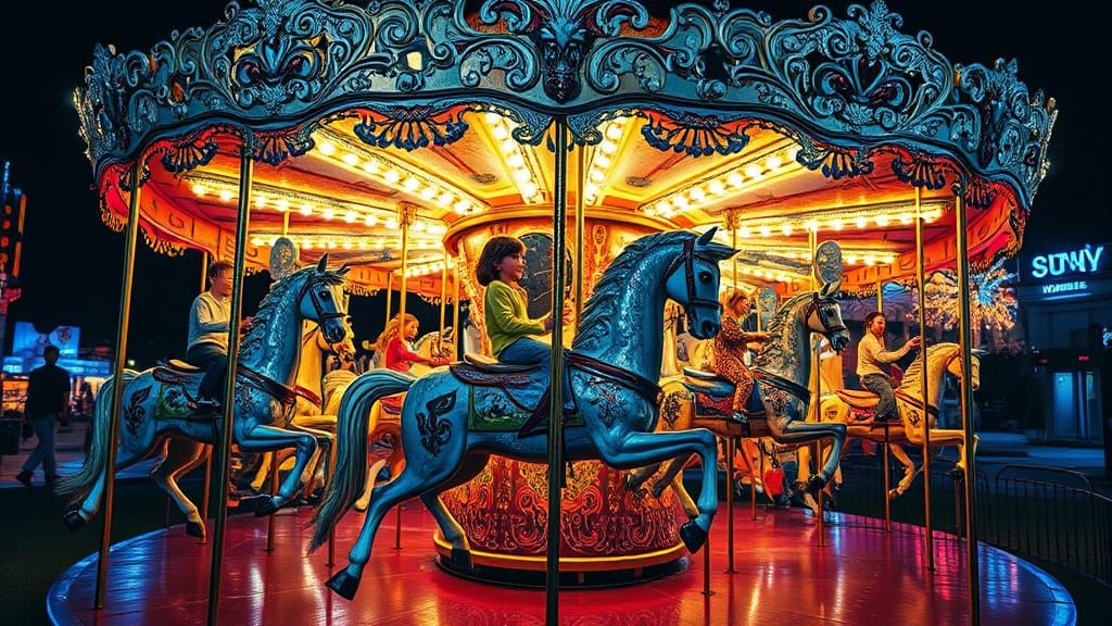 Surreal Carousel with Youth in Bioluminescent Collage Style