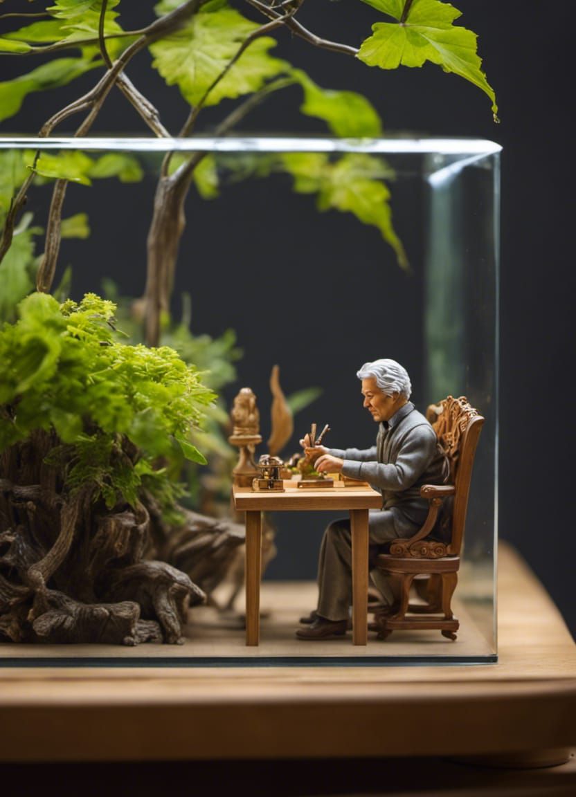 Detailed Woodcarver in Glass Cube, Hyperrealistic Style